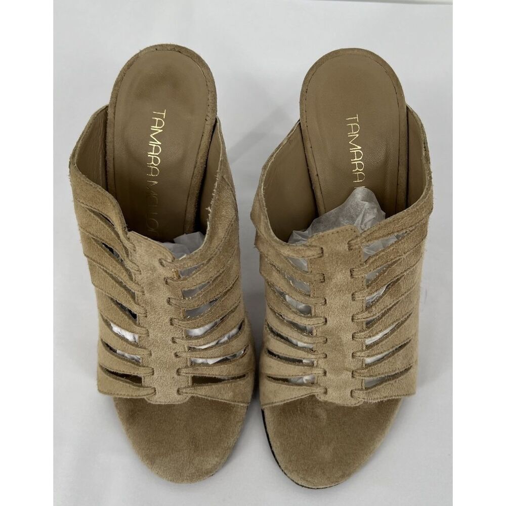 Tamara Mellon Suede Slides Size 36 US 6 Beige Nude Sandal Heels Leather - Picture 4 of 12